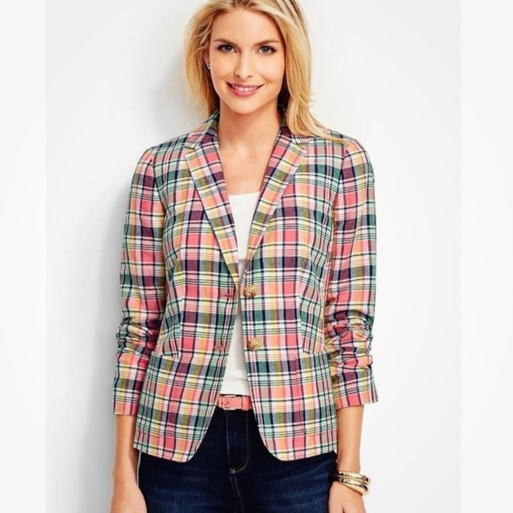 Talbots 4 Madras Linen Cotton Blazer Jacket Plaid Button Front Lined Womens